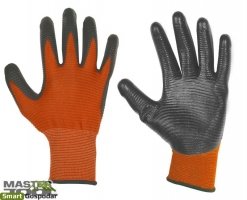 Перчатки трикотажные бесшовные ребристые с нитриловым покрытием ладони (оранж-серые),10