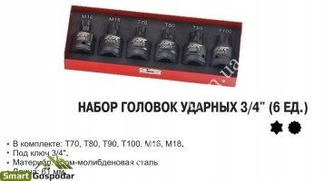 Набор головок ударных TORX T70,T80,T90,T100, SPLINE M16,M18 3/4